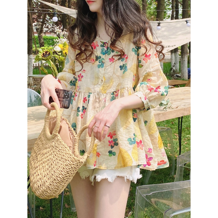 Áo babydoll tay lỡ 3/4 in hoa dáng rộng phong cách Hàn Quốc