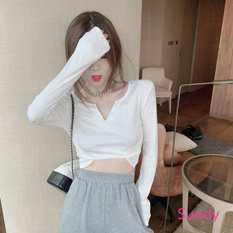 Áo Croptop Tay Dài Cổ Chữ V Thiết Kế Ôm Sát Tôn Dáng