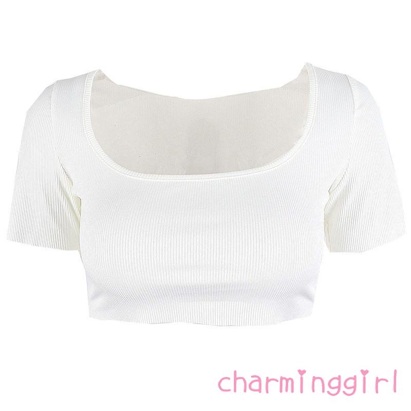 Áo thun tay ngắn cổ vuông màu sắc đơn giản dành cho nữ