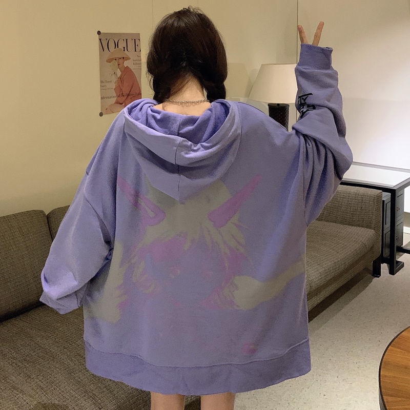 Áo Hoodie Dáng Rộng Họa Tiết Anime Phong Cách Hiphop Cá Tính Cho Nữ