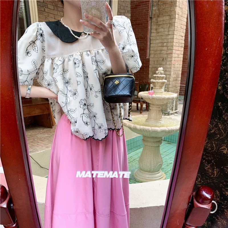 Áo Sơ Mi Tay Ngắn Chất Chiffon Hoạ Tiết Hoa Thiết Kế Dáng Rộng Che Khuyết Điểm