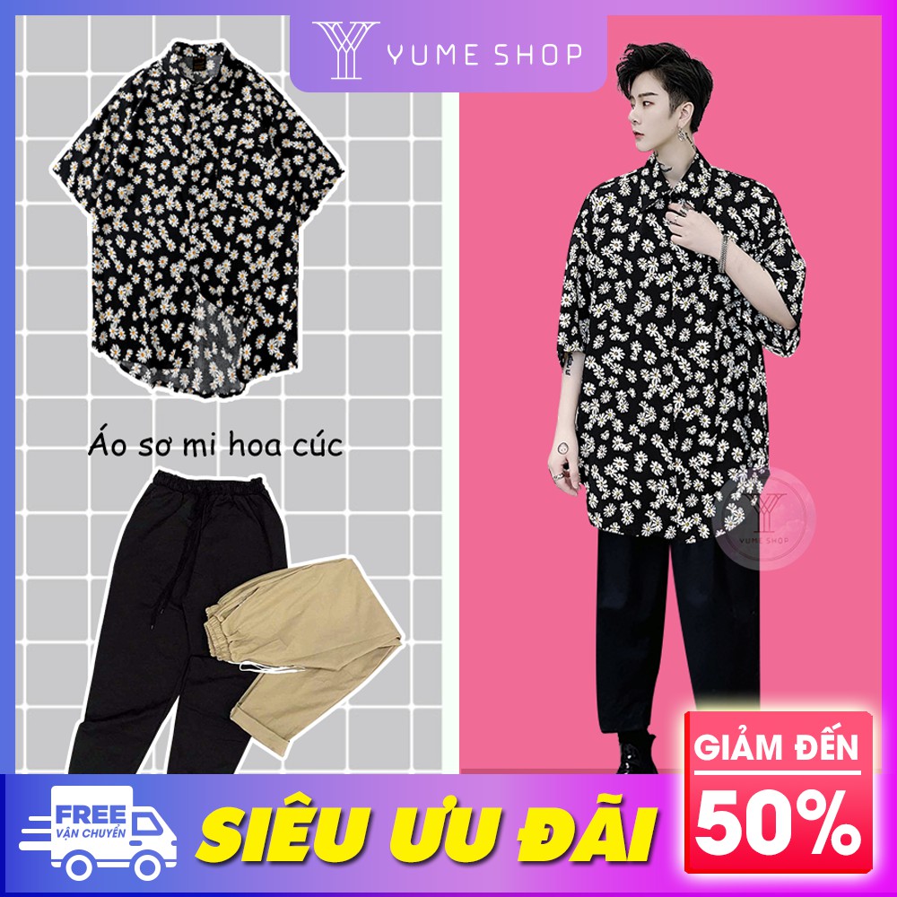 Combo áo sơ mi hoa cúc + quần kaki Phong cách Hàn Quốc