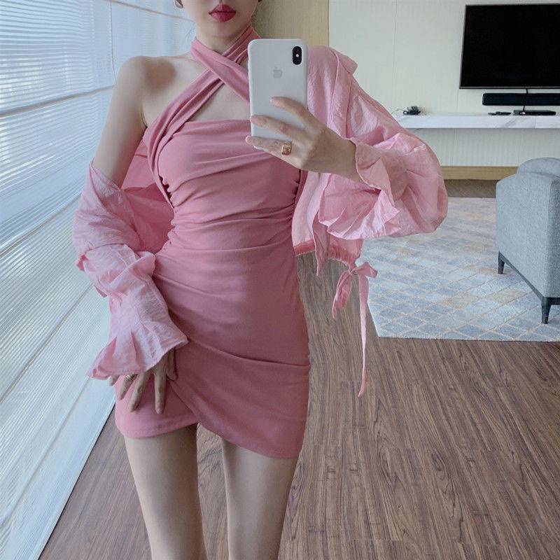 Bộ Đầm Hở Lưng Cổ Yếm Áo Chống Nắng Nữ Váy Hông Gợi Cảm