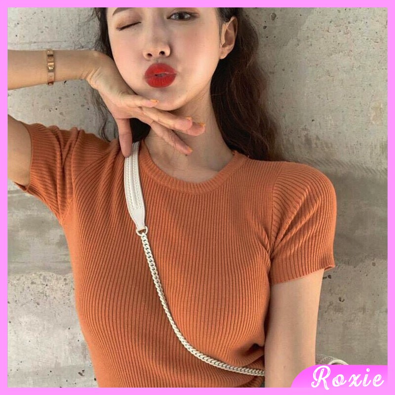 Áo len tăm nữ dáng ôm body ngắn tay cổ tròn phong cách ulzzang Hàn Quốc - Roxie | BigBuy360 - bigbuy360.vn