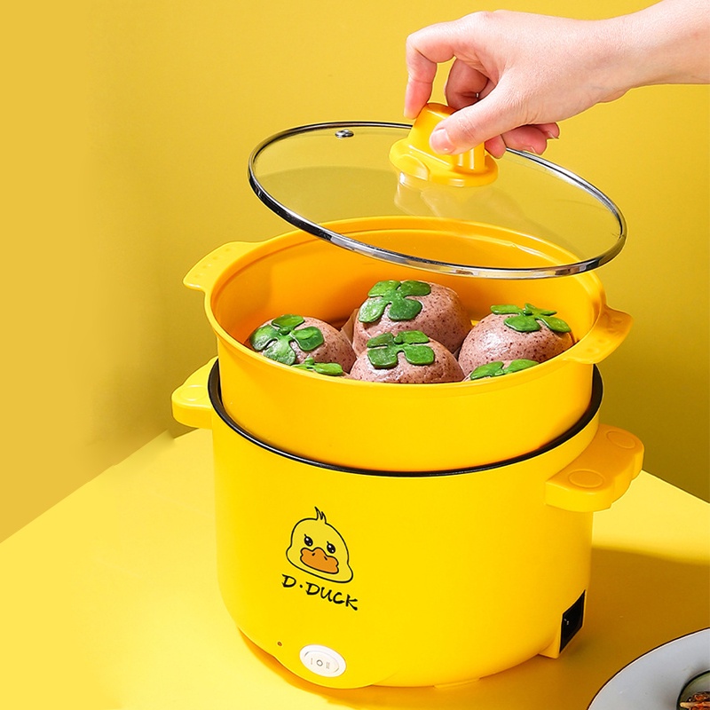 Nồi nấu mì nồi lẩu mini điện chống dính đa năng công suất 600W dung tích 1.8L，kèm xửng hấp