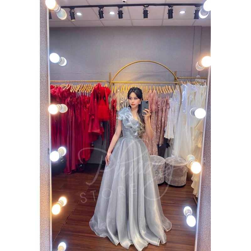 đầm maxi lệch vai dúm bèo