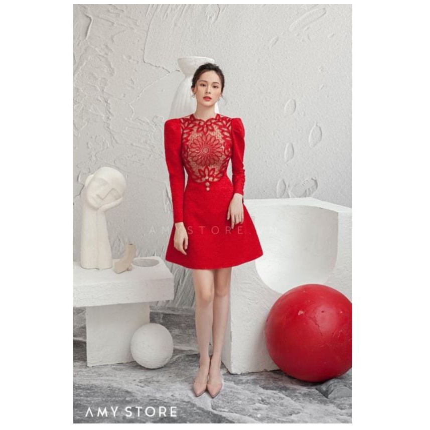 Đầm gấm phối ren hoa amy