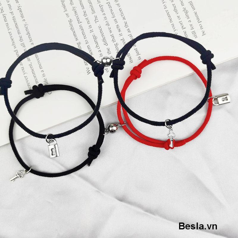 Set 2 vòng tay đan dây chìa ổ khóa nam châm dùng làm quà tặng valentine cho cặp đôi