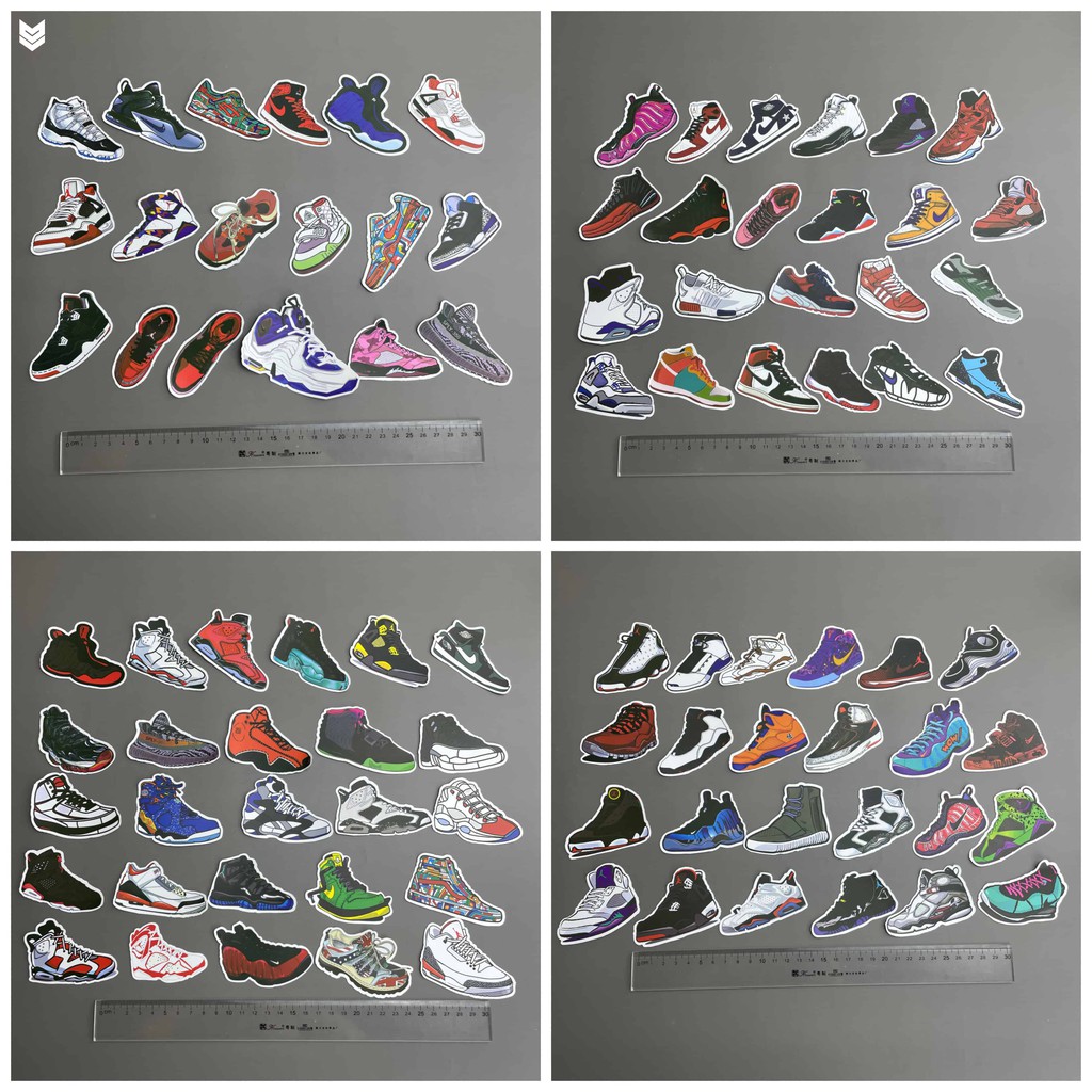 Bộ miếng dán Sticker phủ PVC hình sneaker cực Cool chống nước, bay màu, dán nón bảo hiểm vali bình nước bộ 10 30 50 hình