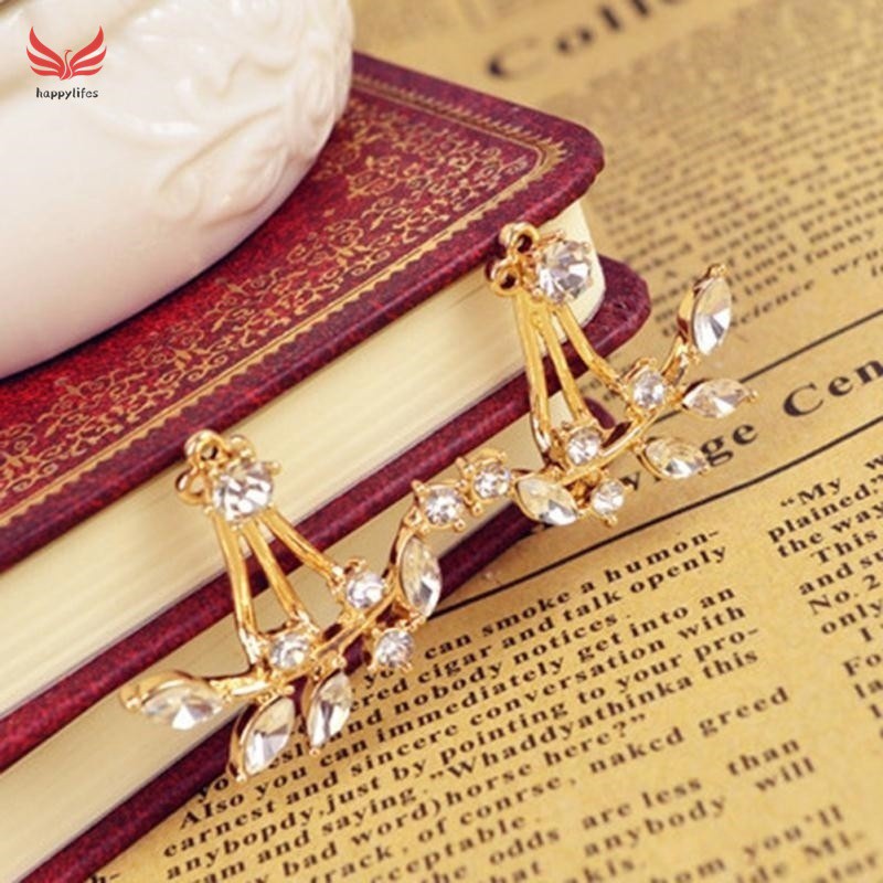 ☪HL♬ Double Sided Swing Stud Earrings Gold Plated Leaf Crystal Ear Jacket Gift Fashion 