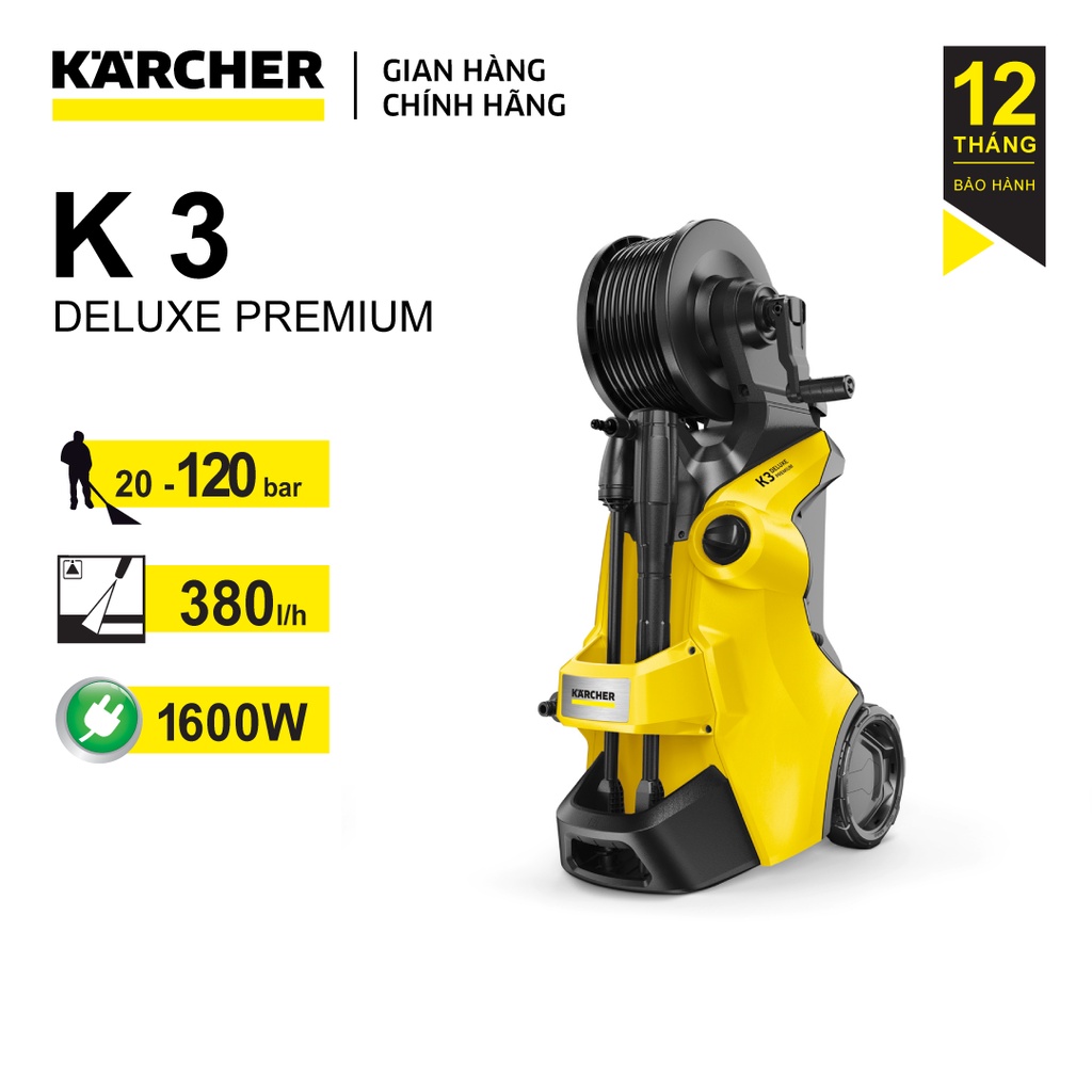 Máy xịt rửa xe Karcher K3 deluxe premium động cơ từ công suất 1600w áp lực 20-120 bar, lưu lượng nước 380l/h màu vàng