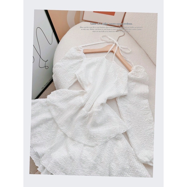 Đầm dự tiệc Thaingashop đầm cổ yếm vải voan mềm mại bèo tầng màu trắng và màu nude mặc đi tiệc, đi chơi D0526