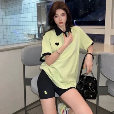 Áo thun polo nữ thêu hình trái tim màu xanh bơ phong cách Hàn Quốc