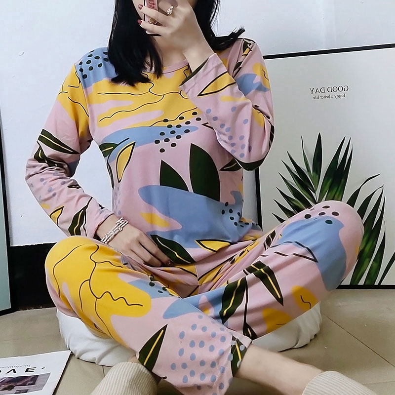 xiaohan korea spring autumn loose nightwear round neck long sleeve sleepwear set cute print women Large size baju tidur | BigBuy360 - bigbuy360.vn