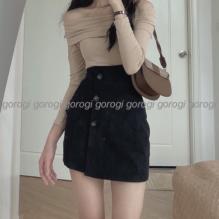 Chân váy chữ A nữ nhung tăm ngắn lưng cao đẹp công sở kèm quần lót trong đi chơi đi làm màu đen nâu trắng kem GOROGI