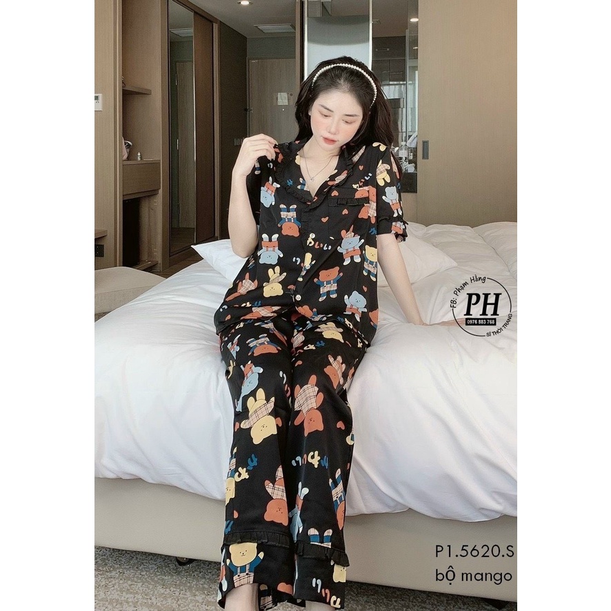 Bộ Pijama Lụa  Ngắn Tay họa tiết dễ thương hàng cao cấp đường may tỉ mỉ