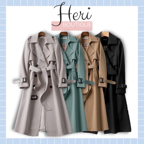 Áo Măng Tô Dáng Dài Hai Lớp Kèm Đai Chất Kaki Cao Cấp Lớp Trong Lụa Kẻ Heri Boutique 589 - Hàn