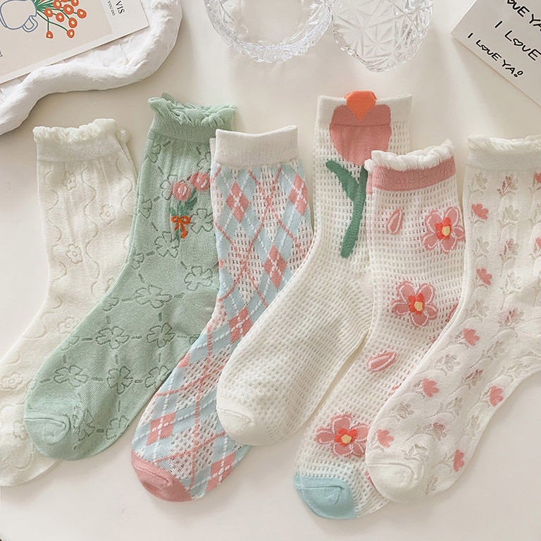 Hàng Có Sẵn Vớ cotton Ba Chiều Lưới Rỗng Mỏng Thoáng Khí Họa Tiết Hoa Nhỏ Màu Đỏ Đáng Yêu Mùa Hè Cho Nữ
