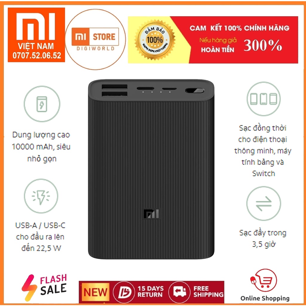 Sạc dự phòng Xiaomi 10000mAh Mi Power Bank 3 BHR4412GL siêu nhỏ gọn - Hàng chính hãng - BH 6 tháng