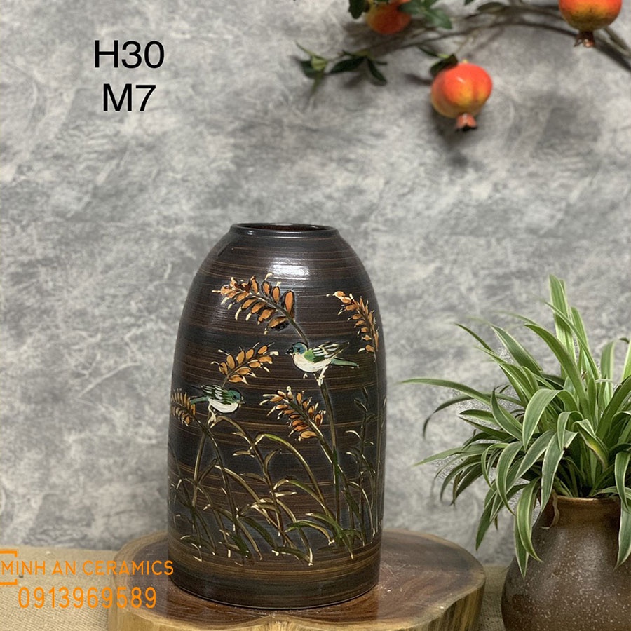 Lọ Hoa Bình Hoa Gốm Dáng Chuông Nhỏ Men Mộc Vẽ Hoa Văn Gốm Sứ Bát Tràng - Lọ Hoa Đẹp - Gốm Minh An