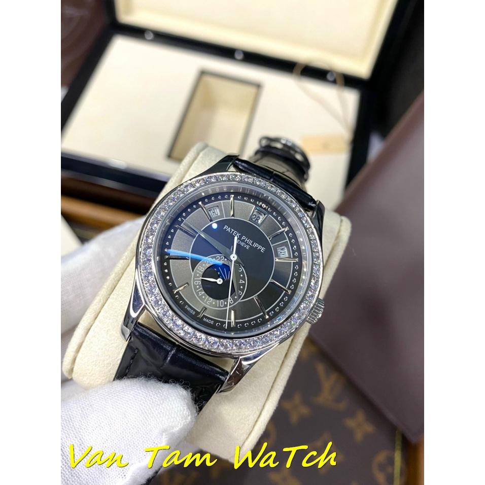 Đồng hồ nam Patek Phillipe Geneve 40mm máy Thuỵ Sĩ cao cấp, mặt tròn viền đá cao cấp,màu xám, dây da cá sấu