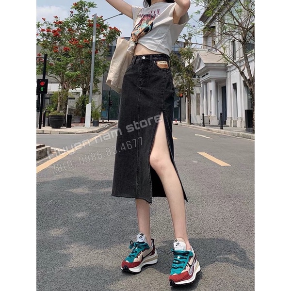 Chân váy bò dài xẻ mác nâu