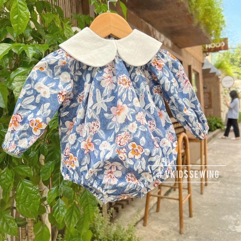 Tặng kèm turban- Body liền cổ sen trắng dài tay thô cotton xinh xắn cho bé gái 5-15kg