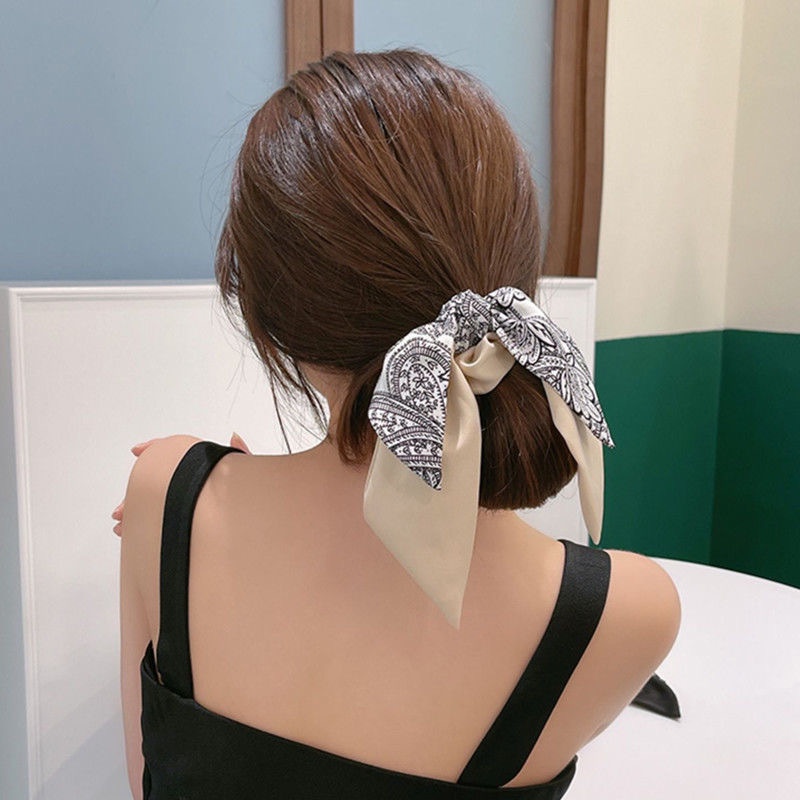 Cột tóc scrunchies vải trơn bóng họa tiết cổ điển thắt nơ S01
