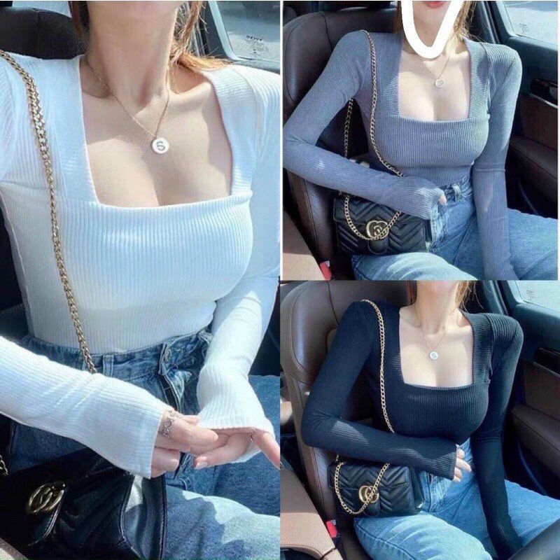 Áo Thun Gân Cổ Vuông Tay Dài