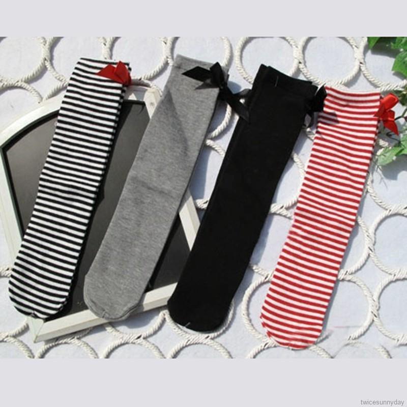 Vớ Cotton Cao Cổ Họa Tiết Sọc Ngang Xinh Xắn Dành Cho Bé Gái
