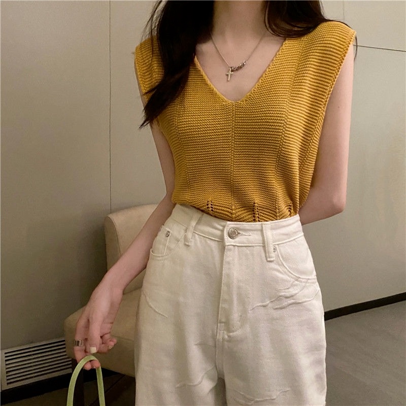 Áo Dệt Kim Sát Nách Dáng Rộng Cổ Chữ V Màu Trơn Đơn Giản Thời Trang Mùa Hè Phong Cách Hàn Quốc