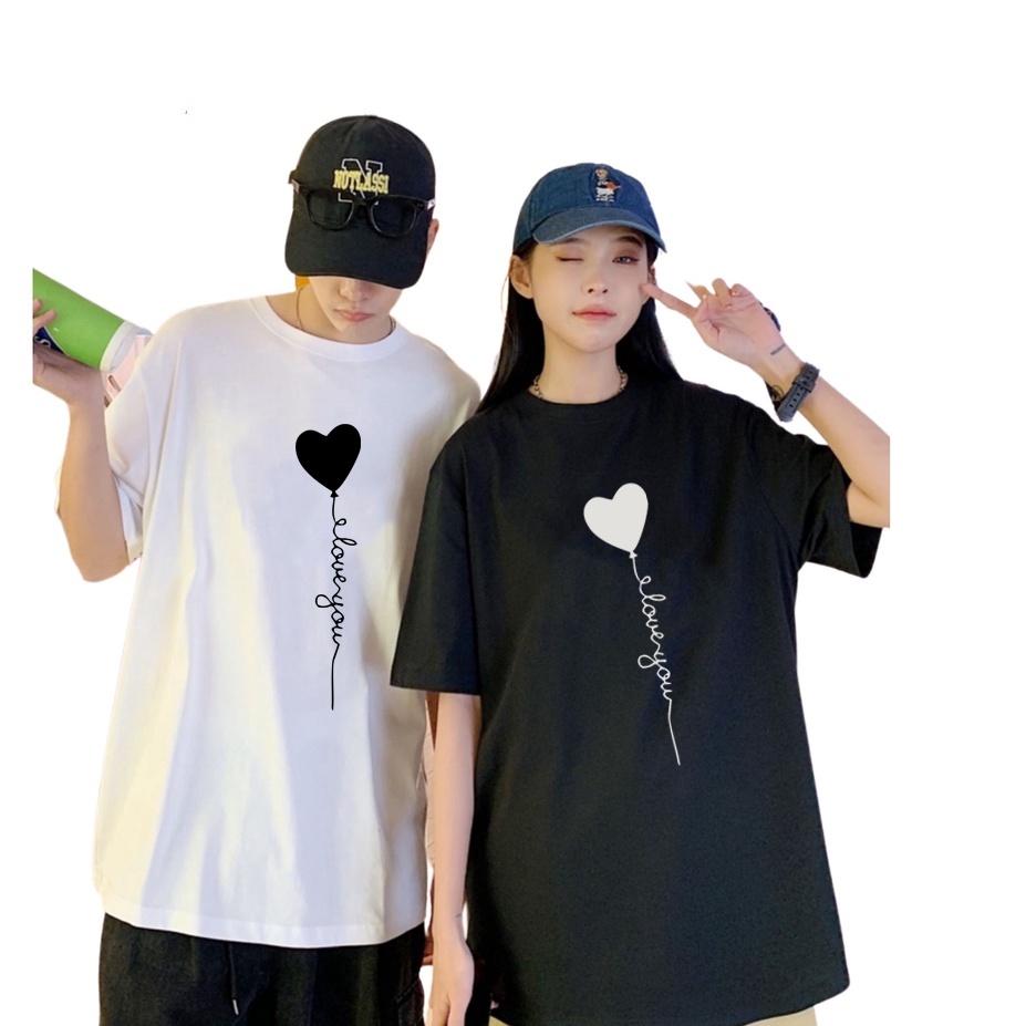 Áo thun đôi  trái tim ilove tay lỡ fom rộng y hình , chất thun cotton 100% siêu đẹp