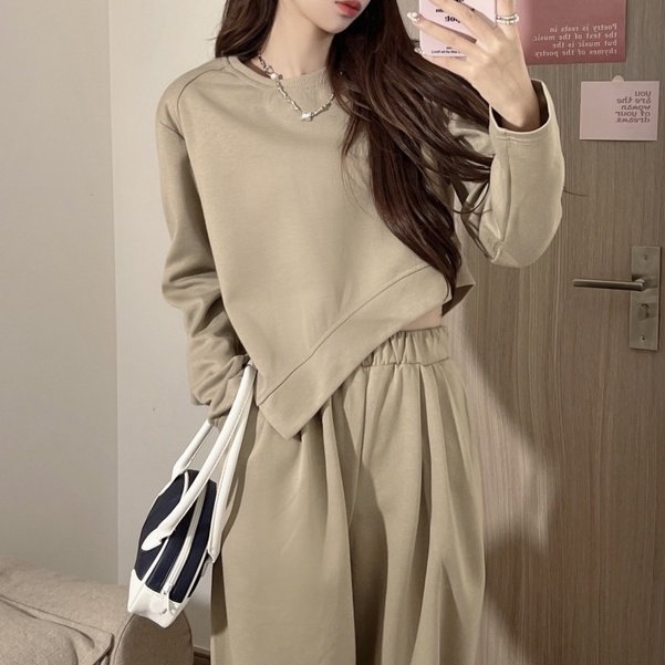 ZHELIHANGFEI Set Áo Thun Tay Dài Phối Quần Dài Lưng Cao Ống Rộng Thời Trang Cá Tính Cho Nữ