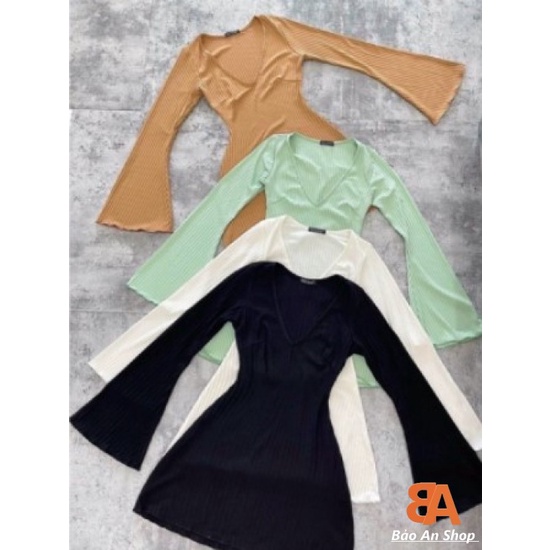 Đầm thun tay loe dài form ôm body dáng xòe chất vải gân len 4 chiều FreeSIze, Váy ngắn nữ cổ v Sexy (Bảo An Hot) | BigBuy360 - bigbuy360.vn