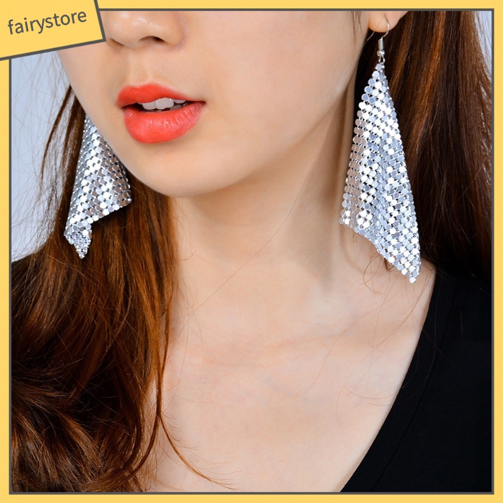 Khuyên tai dáng dài hình vuông đính kim sa sang trọng cho nữ