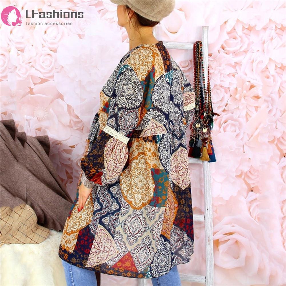 Autumn Women V-neck Bohemia Print Dress Lantern Sleeve Loose Long Section Tops | BigBuy360 - bigbuy360.vn