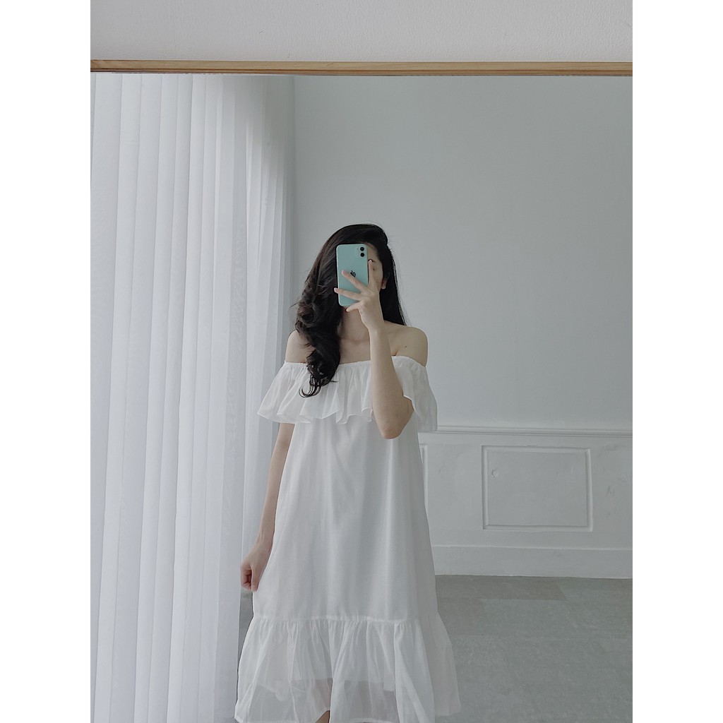 YU CHERRY | Đầm trễ vai, bèo phồng ngay ngực, dáng dài midi suông đuôi xòe Flying Organ Dress YD142