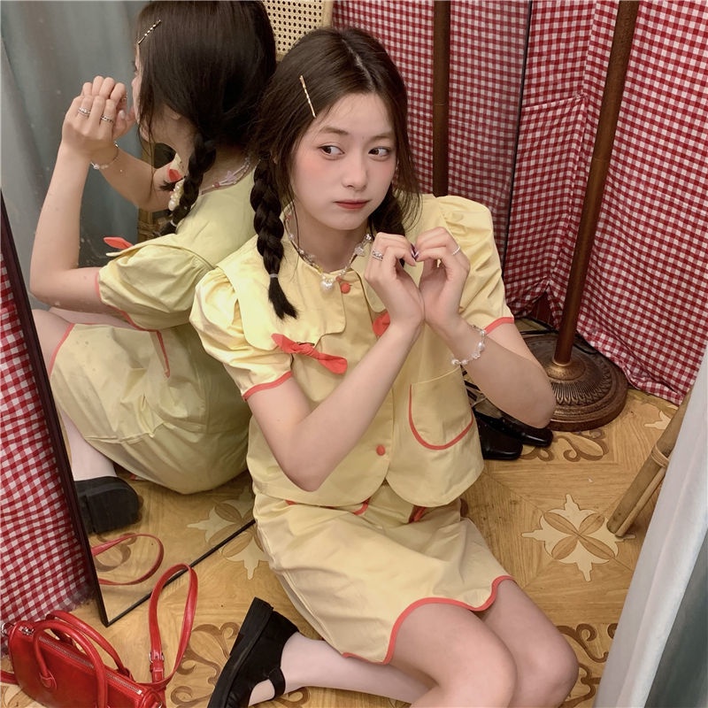 Set Áo Sơ Mi Cổ Búp Bê Thắt Nơ + Chân Váy Lưng Cao Phong Cách Nhật Bản Thời Trang Cho Nữ