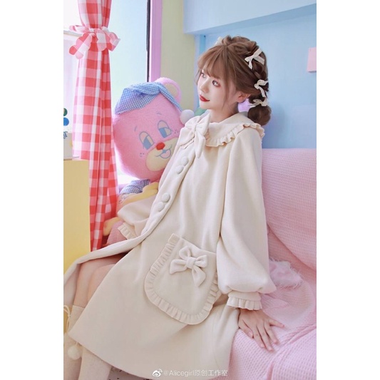 YAS0539-Áo khoác dạ Alice Girl dáng chữ A nhún bèo gắn nơ