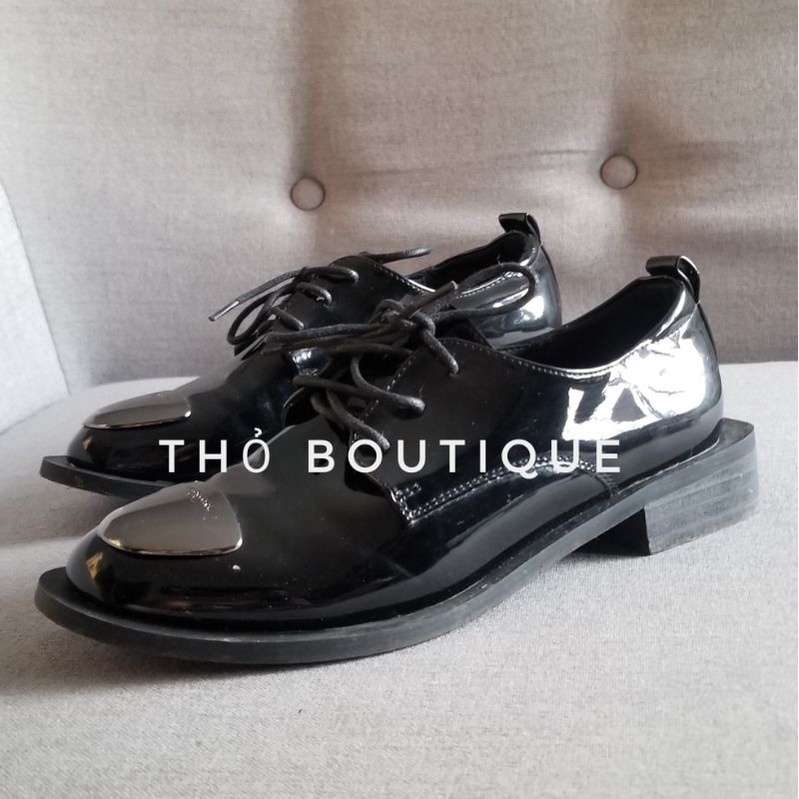 Giày Oxford CITTÀ DEA Encoricorne Style da bóng đen cột dây đế cao 2cm size 37