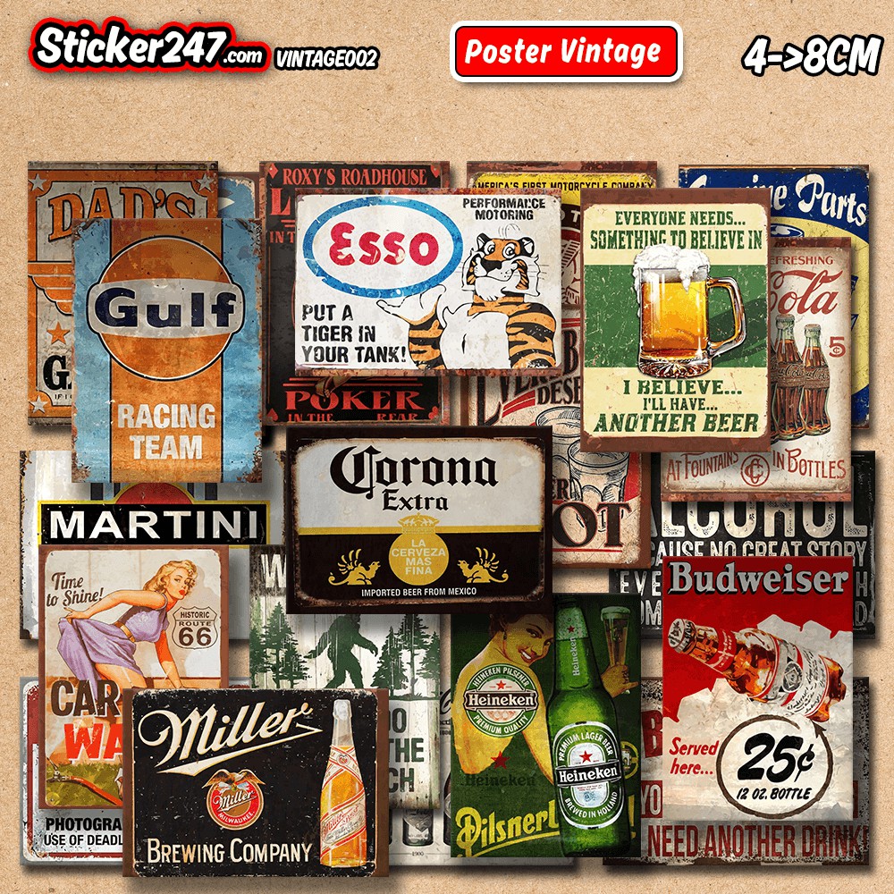 Sticker Vintage Quảng Cáo Poster Xưa 𝑭𝒓𝒆𝒆𝒔𝒉𝒊𝒑 chống nước sticker dán laptop, điện thoại, đàn, mũ bảo hiểm, vali