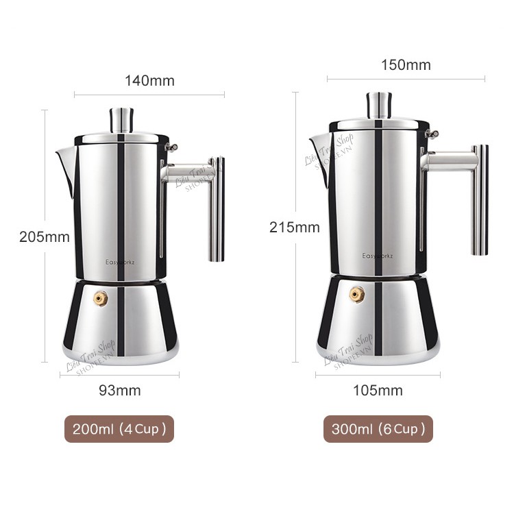 Ấm Moka pot đun bếp từ inox 4cup 6cup pha cà phê cafe espresso phong cách Ý