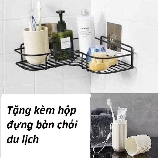 Kệ sắt dán góc tường nhà tắm+ tặng kèm hộp đựng bàn chải và kem đánh răng du lịch