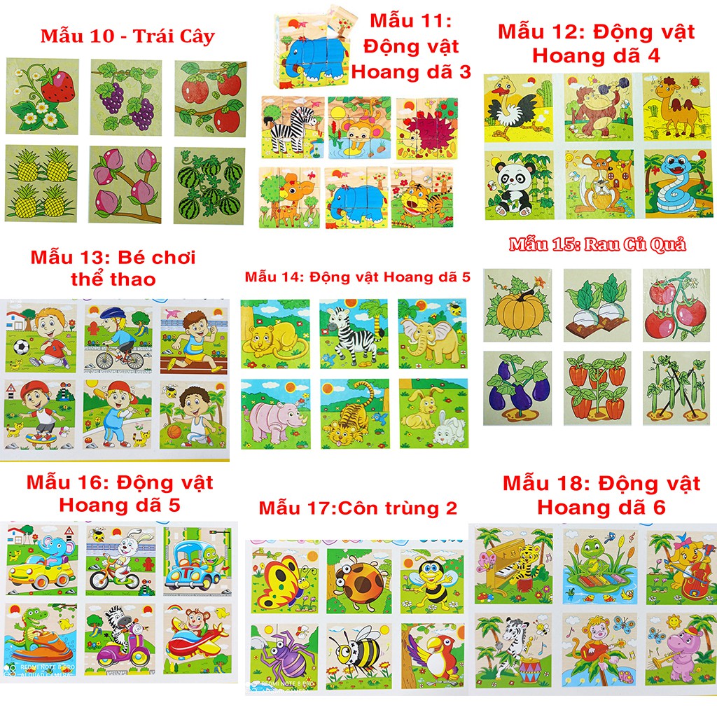 Set 10 Bộ Tranh Ghép Gỗ 6 Mặt Xếp Hình 3D Cho Bé