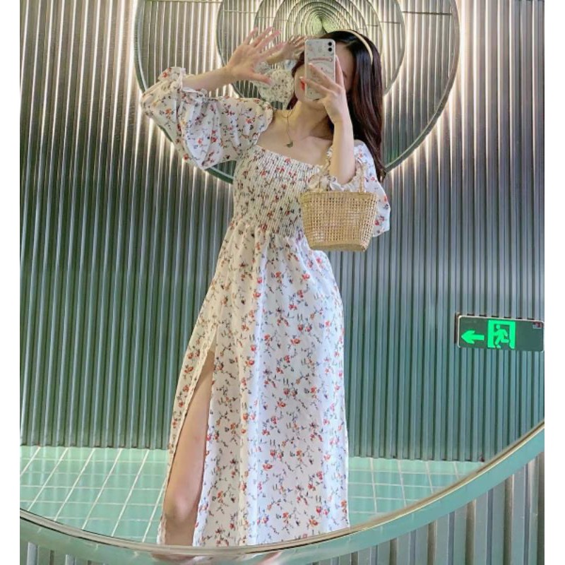 Váy maxi hoa nhí nâu nền trắng, xẻ tà siêu hot | BigBuy360 - bigbuy360.vn