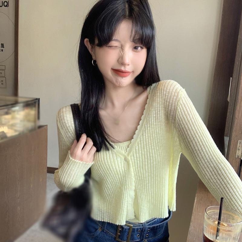 Áo khoác cardigan ngắn cổ chữ V bằng lụa mát thời trang mùa hè cho nữ