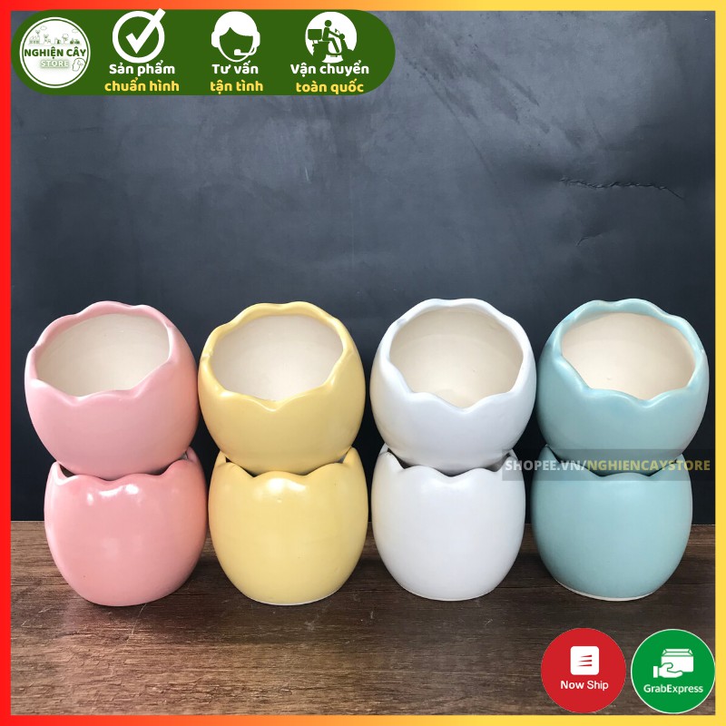 Chậu gốm sứ hình trứng trồng cây cảnh mini, sen đá, sương rồng hàng Bát Tràng men đẹp (7x9cm)