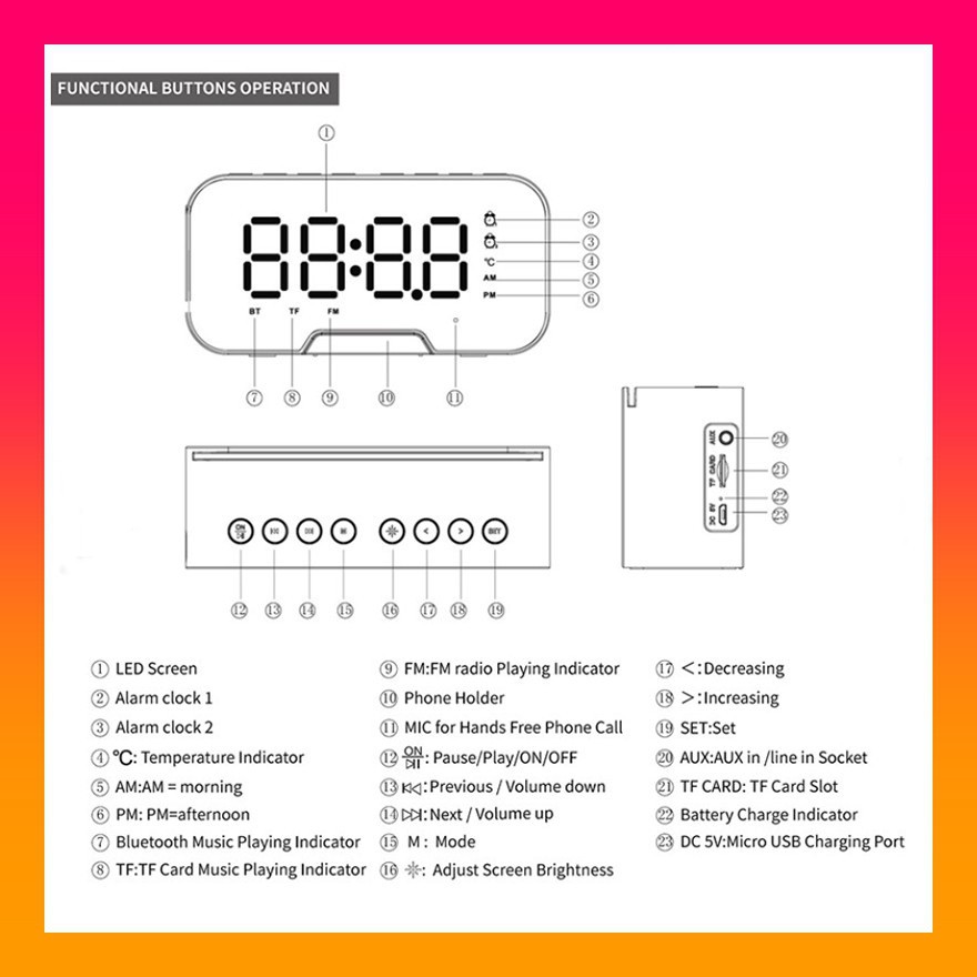 Loa bluetooth kiêm đồng hồ báo thức G10 màn hình tráng gương hiển thị đèn led nghe đài fm radio