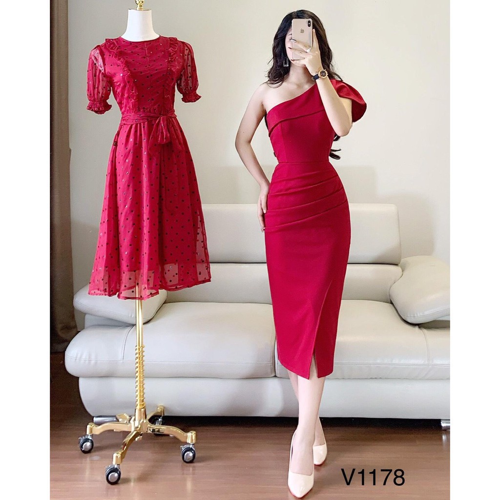 [ xả kho ] MiD VÁY ĐỎ LỆCH VAI CỔ VẠT V1178 Mie Design kèm hình thật