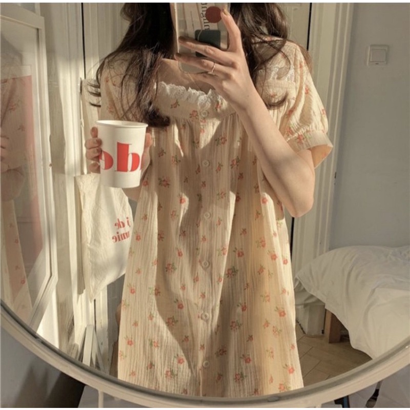 Váy ngủ 2 màu hoa vải xô muslin VN008 tiểu thư